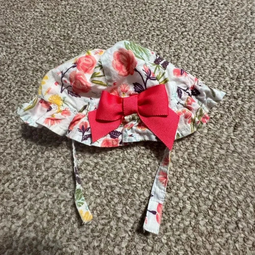 Baby Girl Floral Sun Hat Red Bow Chin Tie 6-9 Months Cotton